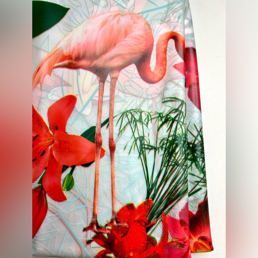 Flamingos & Tropical Flowers Peva Shower Curtain Hibiscus Orchids Bright Red - Picture 10 of 14